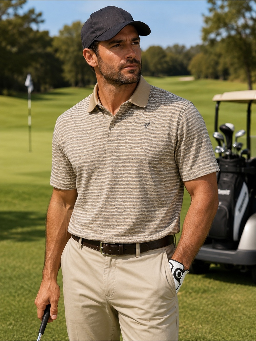 Ashworth Beige Striped Golf Polo
